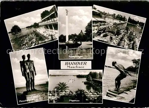 AK / Ansichtskarte Hannover Maschsee Skulpturen Schwimmer und Paar Fackertraeger Strandbad  Kat. Hannover