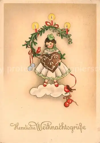AK / Ansichtskarte Weihnachten Kind Lebkuchenherz Voegel Wolke  Kat. Greetings