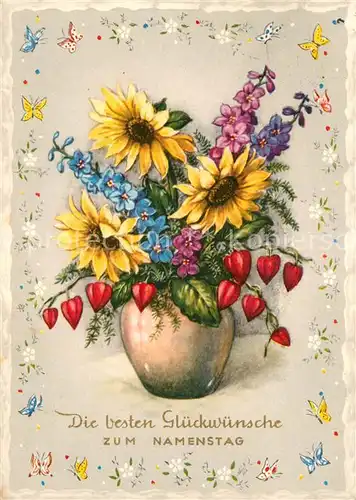 AK / Ansichtskarte Namenstag Namenskarte Sonnenblumen Lampionblume Schmetterlinge  Kat. Greetings