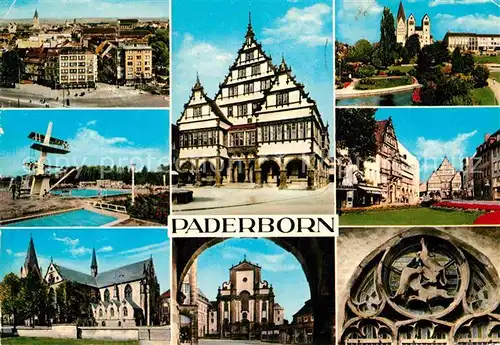 AK / Ansichtskarte Paderborn Stadtpanorama Freibad Dom Rathaus Kirche Paderanlagen Marienplatz Hasenfenster Kat. Paderborn