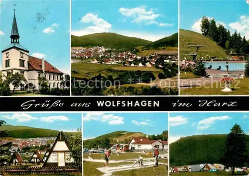 AK / Ansichtskarte Wolfshagen Harz Kirche Ferienhaeuser Minigolf Campingplatz Freibad Landschaftspanorama Kat. Langelsheim