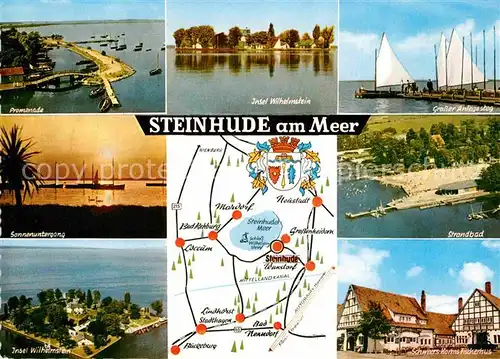 AK / Ansichtskarte Steinhude Meer Promenade Sonnenuntergang Steinhuder Meer Insel Wilhelmstein Anlegesteg Strandbad Fischerhus Landkarte