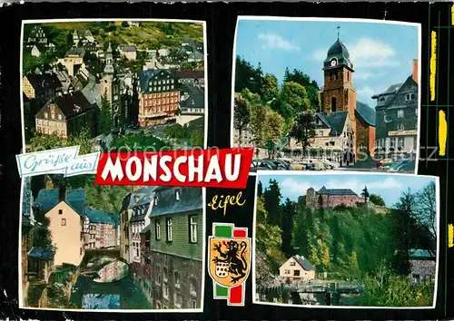 AK / Ansichtskarte Monschau Ortsmotiv mit Rotem Haus Rur Burg Jugendherberge Kirche Kat. Monschau