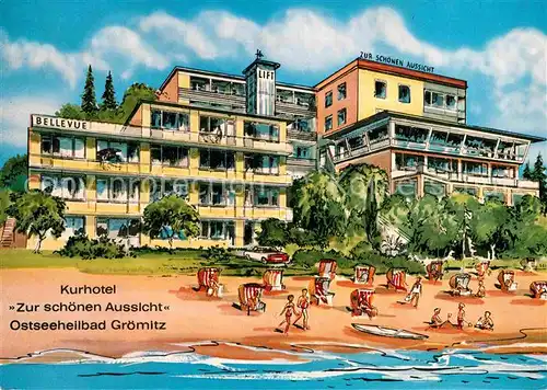 AK / Ansichtskarte Groemitz Ostseebad Kurhotel Zur schoenen Aussicht Pension Haus Locker Strandleben Zeichnung Kat. Groemitz