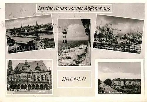 AK / Ansichtskarte Bremen Gesamt Rote Sand Leuchtturm Europa Hafen Rathaus ueberseeheim Kat. Bremen