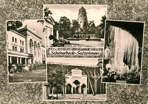 AK / Ansichtskarte Schoenebeck Salzelmen Kurhaus Soleturm und Rosarium Gradierwerk Salzschacht Kat. Schoenebeck