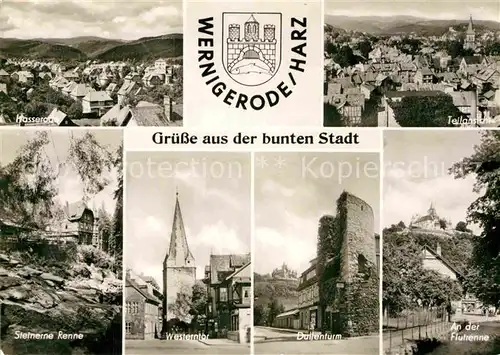AK / Ansichtskarte Wernigerode Harz Hasserode Panorama Steinerne Renne Westerntor Dullenturm Flutrenne Kat. Wernigerode