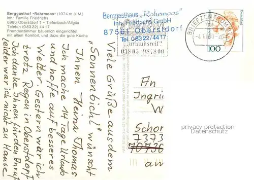 AK / Ansichtskarte Tiefenbach Oberstdorf Berggasthof Rohrmoos Kat. Oberstdorf