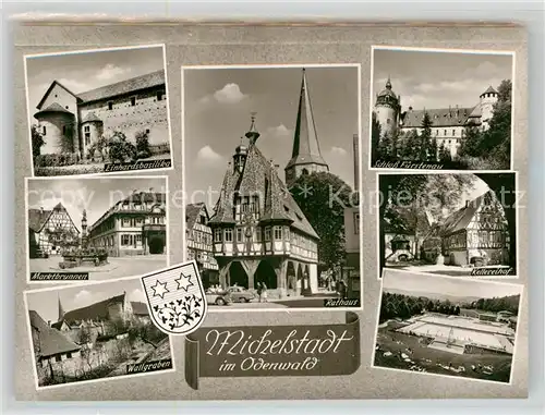 AK / Ansichtskarte Michelstadt Einhardsbasilika Marktbrunnen Rathaus Kellereihof Schloss Freibad Kat. Michelstadt