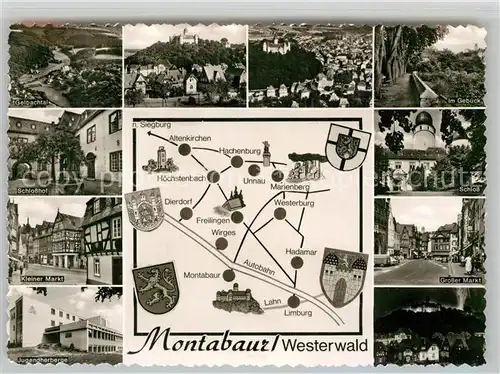 AK / Ansichtskarte Montabaur Westerwald Landkarte Gelbachtal Schlosshof Kleiner Markt Schloss  Kat. Montabaur