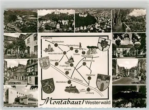 AK / Ansichtskarte Montabaur Westerwald Landkarte Grosser Markt Schloss Im Gebueck Schlosshof Kat. Montabaur