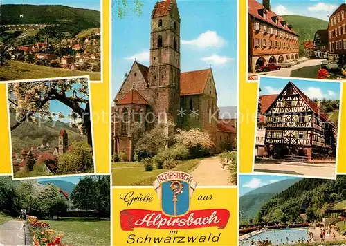 AK / Ansichtskarte Alpirsbach Teilansichten Kirche Strassenpartie Fachwerkhaus Park Baumbluete Freibad Kat. Alpirsbach