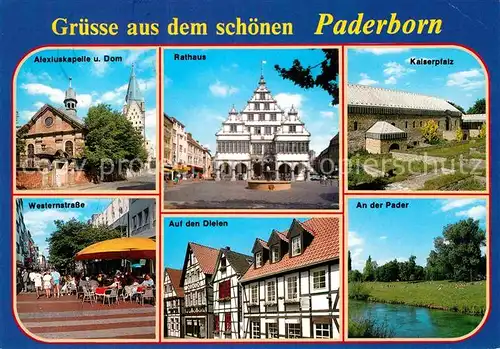 AK / Ansichtskarte Paderborn Alexiuskapelle Dom Rathaus Kaiserpfalz Pader Auf den Dielen Fachwerkhaeuser Westernstrasse Strassencafe Kat. Paderborn