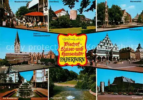 AK / Ansichtskarte Paderborn Westernstrasse Fussgaengerzone Liboriberg Marienplatz Rathaus Dom Museum Westerntor Brunnen Padequelle Halle Kat. Paderborn