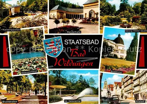 AK / Ansichtskarte Bad Wildungen Konzertpavillon Wandelhalle Georg Viktor Quelle Badehotel Altstadt Helenental Brunnenallee Seerosenteich Kat. Bad Wildungen