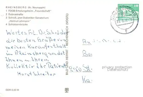 AK / Ansichtskarte Rheinsberg Erholungsheim Freundschaft Dubnastrasse Schlabornbruecke  Kat. Rheinsberg