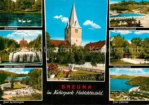 AK / Ansichtskarte Breuna Schlossteich Kirche Burgschwimmbad Sauerbrunnen Edersee Herkules Wilhelmshoehe Kassel Bad Windungen Kat. Breuna