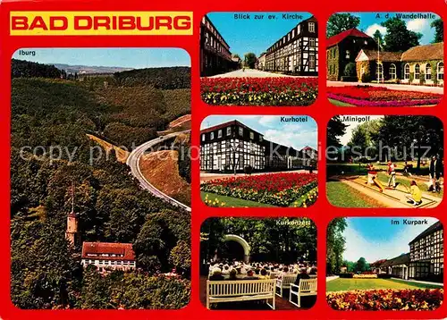 AK / Ansichtskarte Bad Driburg Iburg Kirche Wandelhalle Kurhotel Minigolf Kurpark Kurkonzert Kat. Bad Driburg