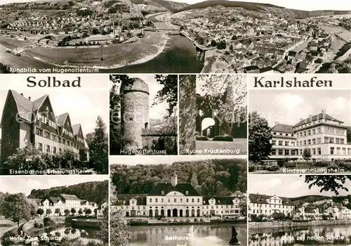 AK / Ansichtskarte Karlshafen Bad Panorama Eisenbahn Erholungsheim Hugenottenturm Ruine Kruckenburg Hotel Zum Schwan Rathaus Neue Schule Kat. Bad Karlshafen