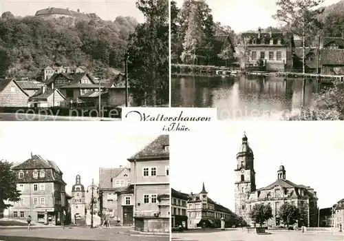 AK / Ansichtskarte Waltershausen Gotha Schloss Tenneberg Gaststaette Bellevue Markt mit Nikolaustor Stadtkirche Kat. Waltershausen