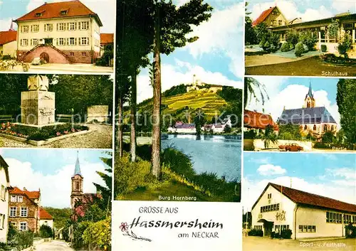 AK / Ansichtskarte Hassmersheim Burg Hornberg Sport  Festhalle Partie Schulhaus Kirche Denkmal  Kat. Hassmersheim