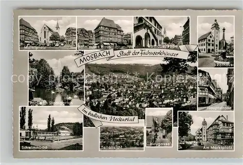 AK / Ansichtskarte Mosbach Baden Marktplatz Stadtgarten Schwimmbad Teilansicht Rathaus Heugasse Kat. Mosbach