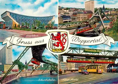 AK / Ansichtskarte Wuppertal Stadtbad Stadtmitte Alter Markt Schwebebahn Wappen Kat. Wuppertal
