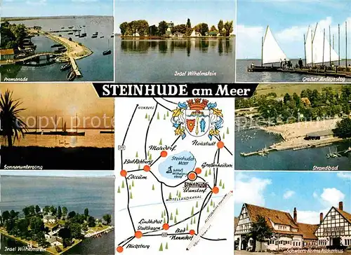 AK / Ansichtskarte Steinhude Meer Promenade Sonnenuntergang Insel Wilhelmstein Anlegesteg Strandbad Fischerhus Landkarte