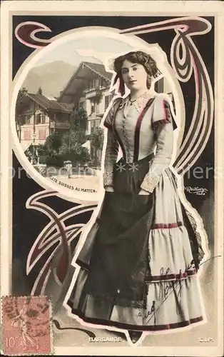 AK / Ansichtskarte Foto Reutlinger Paris Barsagne Frau Tracht Chalets Suisse au Matten  Kat. Fotografie