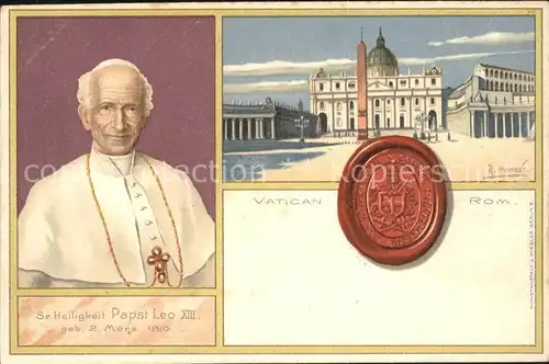 AK / Ansichtskarte Papst Leo XIII Vatikan Rom Siegel Kuenstlerkatze R. Heineke Litho Kat. Religion