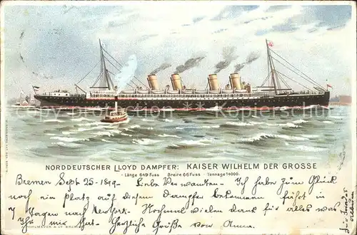 AK / Ansichtskarte Dampfer Oceanliner Kaiser Wilhelm der Grosse Litho Kat. Schiffe