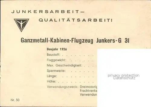 AK / Ansichtskarte Flugzeuge Zivil Ganzmetall Kabinen Flugzeug Junkers G 31  Kat. Airplanes Avions