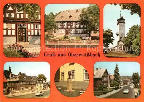 AK / Ansichtskarte Oberweissbach Froebelmuseum Portal Froebelturm Markt Gasthaus Schenke Rathaus Plastik Schwarzburger Strasse Kat. Oberweissbach