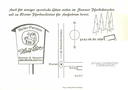 AK / Ansichtskarte Braunlage Reiterpension Haus Elise Pferde Ausritt Liegewiese Terrasse Gastraum Kat. Braunlage Harz