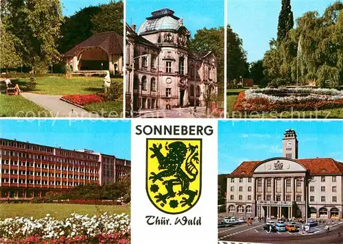 AK / Ansichtskarte Sonneberg Thueringen Stadtpark Spielzeugmuseum Kreisratsgebaeude Rathaus Wappen Kat. Sonneberg