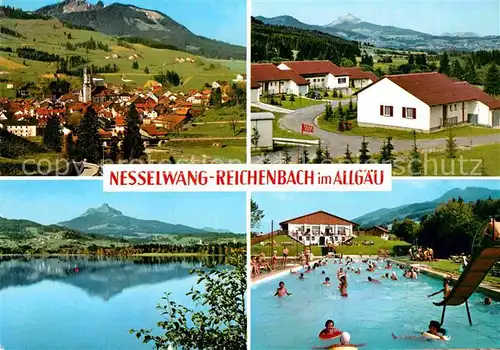 AK / Ansichtskarte Reichenbach Nesselwang Ortsansicht mit Kirche Allgaeuer Alpen Freibad See