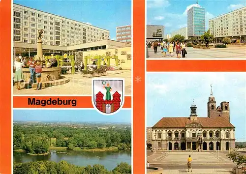AK / Ansichtskarte Magdeburg Eulenspiegelbrunnen Karl Marx Strasse Hochhaus Kulturpark Rotehorn Rathaus Kat. Magdeburg