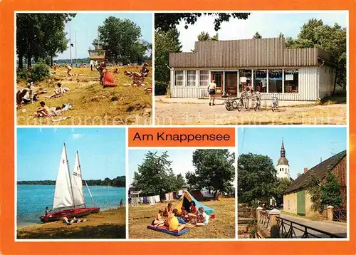 AK / Ansichtskarte Gross Saerchen Knappensee Liegewiese Kaufhalle Strand Campingplatz Kirche