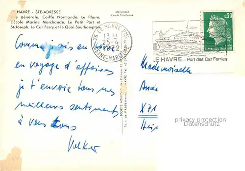 AK / Ansichtskarte Sainte Adresse Vue generale Coiffe Normande Phar Ecole Marine Marchande Petit Port St Joseph Car Ferry Quai Southampton Kat. Sainte Adresse
