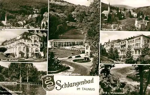 AK / Ansichtskarte Schlangenbad Taunus Wilhelmsfelsen Kurhotel Schlangenbad Sanatorium Roemerbad Thermal Schwimmbad Malerwinkel Kat. Schlangenbad