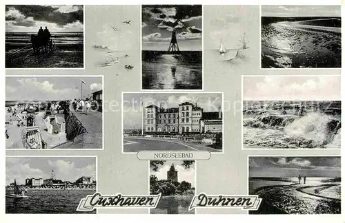 AK / Ansichtskarte Cuxhaven Duhnen Nordseebad Wattwagen Fliegeraufnahme Strand Hotel Sturmflut