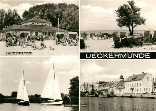 AK / Ansichtskarte Ueckermuende Mecklenburg Vorpommern Gaststaette im Strandbad Uecker Segelboote Hafen Kat. Ueckermuende