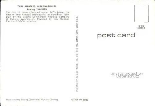 AK / Ansichtskarte Flugzeuge Zivil Thai Airways International Boeing 747 2D7B  Kat. Airplanes Avions