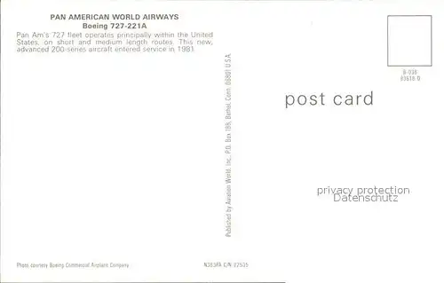 AK / Ansichtskarte Flugzeuge Zivil Pan American World Ways Boeing 727 221A  Kat. Airplanes Avions