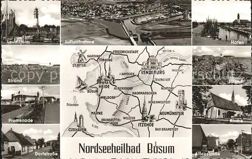 AK / Ansichtskarte Buesum Nordseebad Leuchtturm Fliegeraufnahme Hafen Strand Promenade Kirche Dorfstr Alleestr Lageplan Kat. Buesum