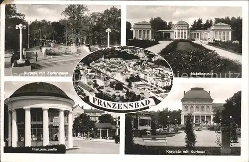 AK / Ansichtskarte Franzensbad Boehmen Kurpark mit Zierbrunnen Nataliequelle Kurplatz Kurhaus Franzenquelle Kat. Frantiskovy Lazne