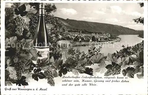 AK / Ansichtskarte Winningen Mosel Panorama Weinflasche Weinglas Reben Kat. Winningen