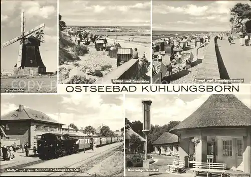 AK / Ansichtskarte Kuehlungsborn Ostseebad Windmuehle Strand Seebruecke Strandpromenade Lok Molly Bahnhof Konzertgarten Kat. Kuehlungsborn