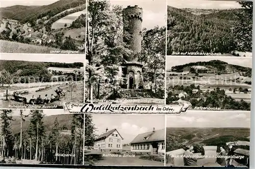 AK / Ansichtskarte Waldkatzenbach Katzenbuckelturm Unterer Hoellgrund Ruheplatz Schoene Aussicht Rathaus Schule Kat. Waldbrunn