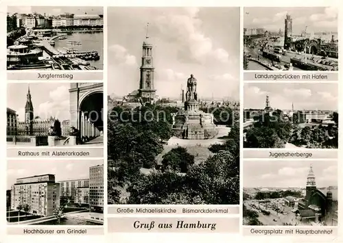 AK / Ansichtskarte Hamburg Michaeliskirche Bismarckdenkmal Grindel Jungfernstieg Alsterarkaden Landungsbruecken Hafen Kat. Hamburg